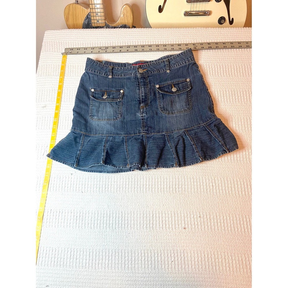 Vintage Goddess Trend Denim Mini Skirt Dark Wash Pleated Ruffle Hem Y2K